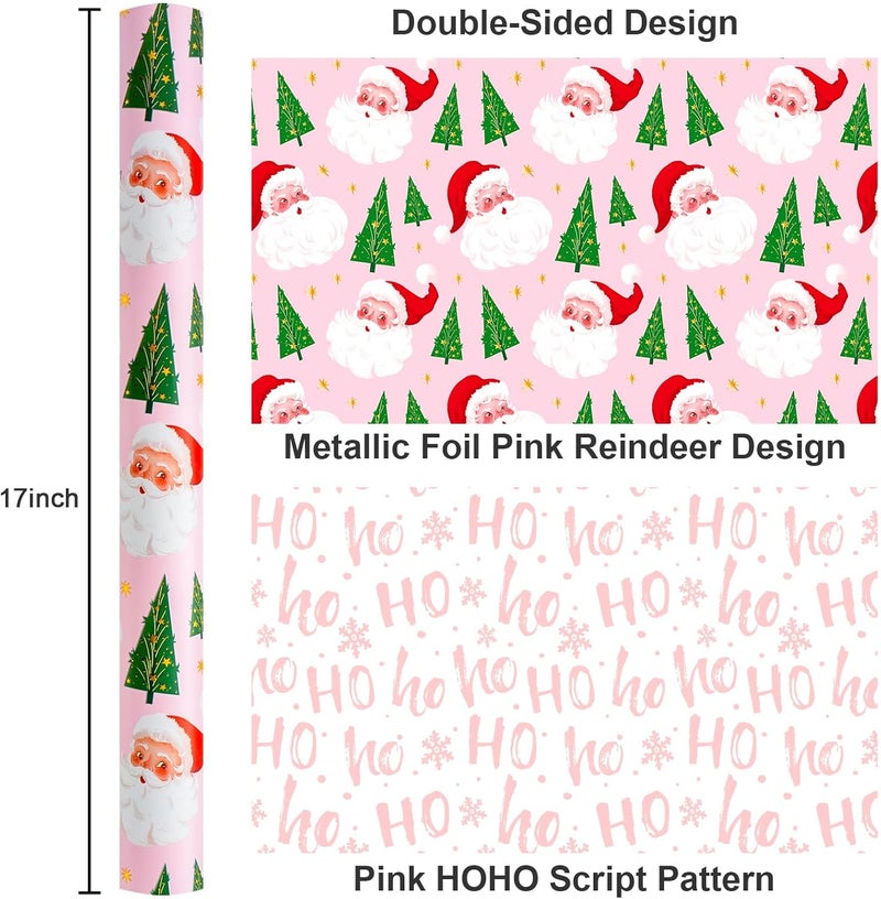 Yarcony Pink Christmas Wrapping Paper Roll, Girly Santa Wrapping Paper, Vintage Inspired Santa Claus, Christmas Tree Design Pink Gift Wrap for Winter Holiday, Girl Celebration (17 Inch X 33 Feet) - Image 3